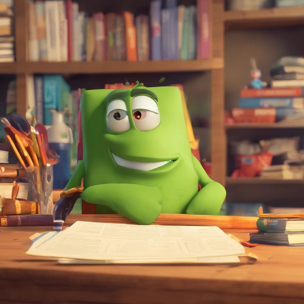 Crie um cartaz inspirado na Disney Pixar com o personagem sendo advogado, alto, magro branco homem de cabelos curto castanho claro penteado para lado, In an office I have books in the background on the table