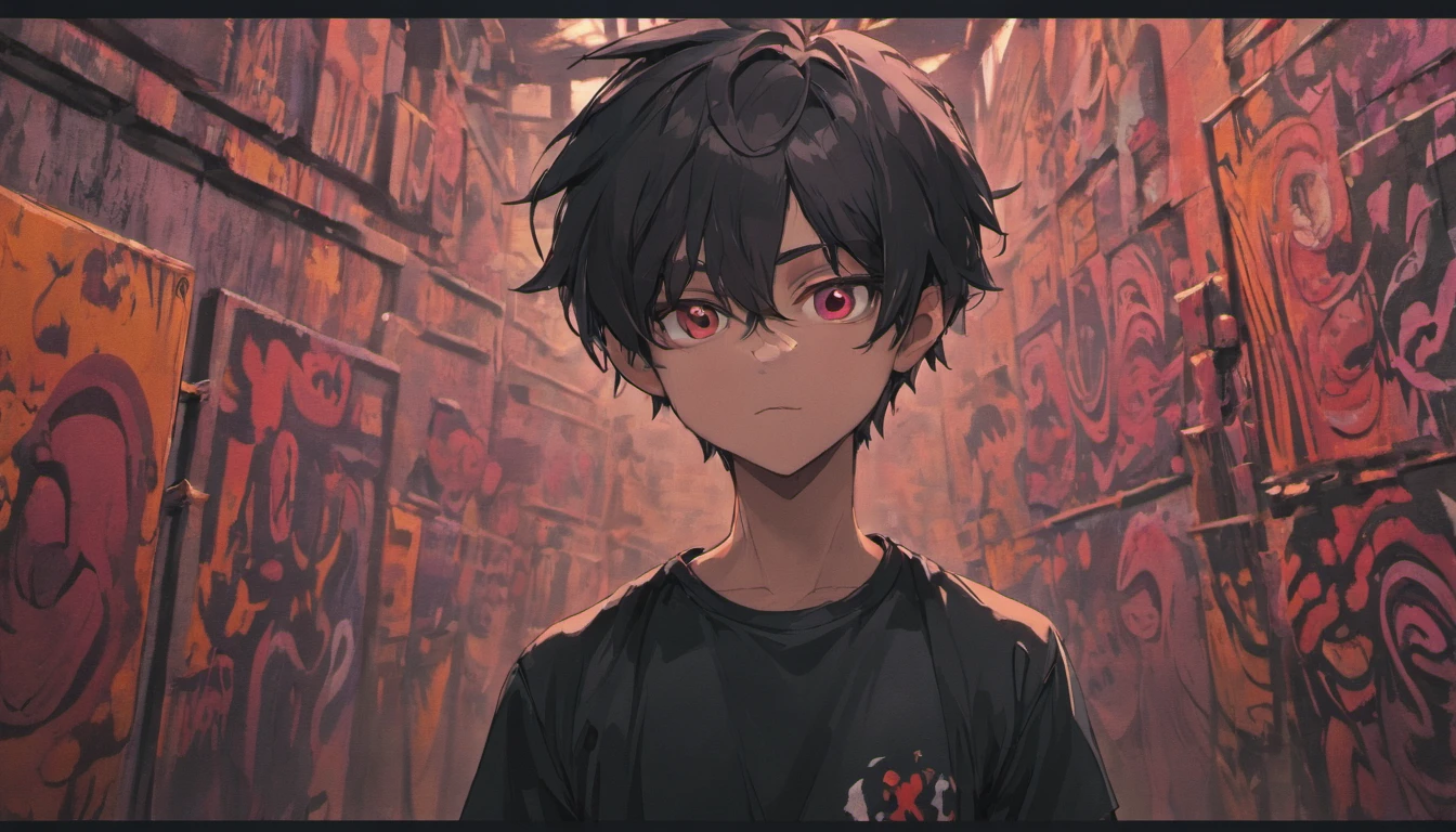Homem negro sem cabelo, No beard with serious face standing in front of a graffiti-covered wall, he is wearing a black t-shirt, vestindo uma camiseta preta, vestindo uma camiseta preta, vestindo camiseta preta, camiseta preta, vestindo uma camisa preta, Retrato no meio da foto, Camiseta preta, camiseta preta, Foto de um ensaio promocional, standing with a black background, modelo Disney por Pixar em 3D, hiper detalhes, surrealismo v1