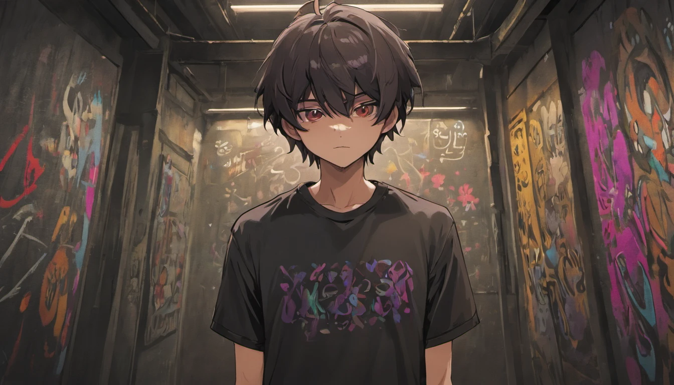 Homem negro sem cabelo, No beard with serious face standing in front of a graffiti-covered wall, he is wearing a black t-shirt, vestindo uma camiseta preta, vestindo uma camiseta preta, vestindo camiseta preta, camiseta preta, vestindo uma camisa preta, Retrato no meio da foto, Camiseta preta, camiseta preta, Foto de um ensaio promocional, standing with a black background, modelo Disney por Pixar em 3D, hiper detalhes, surrealismo v1