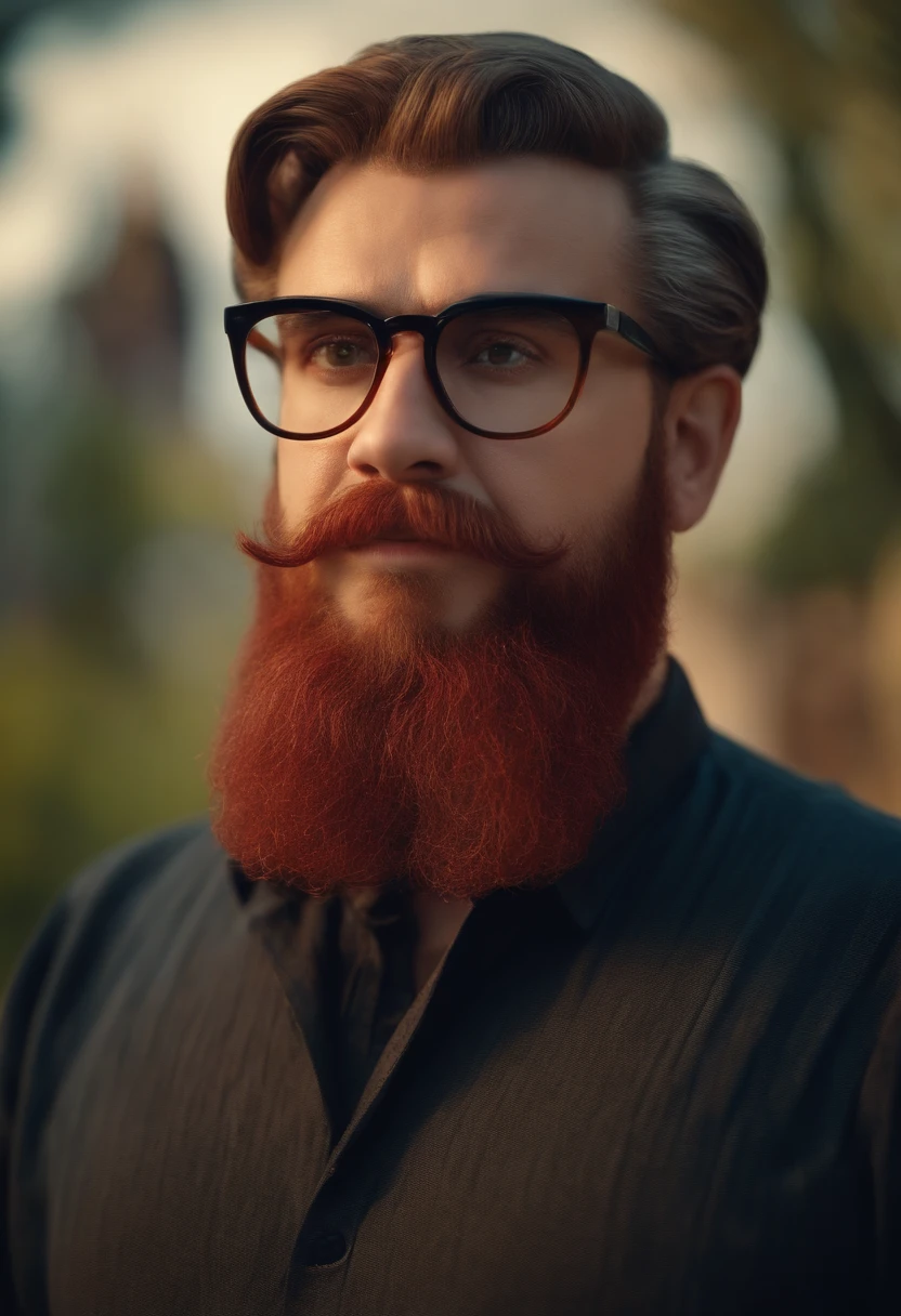 3d photo in Disney format, man with a full beard and a very thin red mustache, black collared shirt, fat face, small red eyebrows, full lips, wears square glasses, serene look, no wrinkles on his forehead