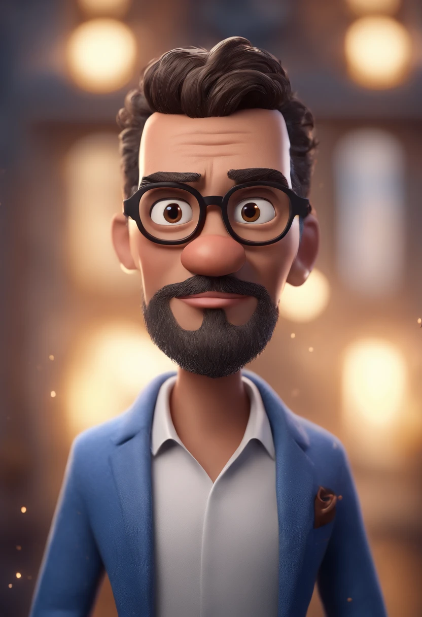 Cartoon character of a man with black glasses and a blue shirt, animation character, Caractere estilizado, animation style rendering, 3D estilizado, Arnold Maya render, 3 d render stylized, toon render keyshot, Personagem 3D, Personagem 3D, 3d rendering stylized, 3 d character render, personagem de desenho animado, Personagem de close up, Pose de personagem,  (Estilo Pixar) (master part:1.2) (Bokeh) (best quality) (pele detalhada) (textura detalhada) (8k) (argila) (Cinematic lighting) (foco nítido