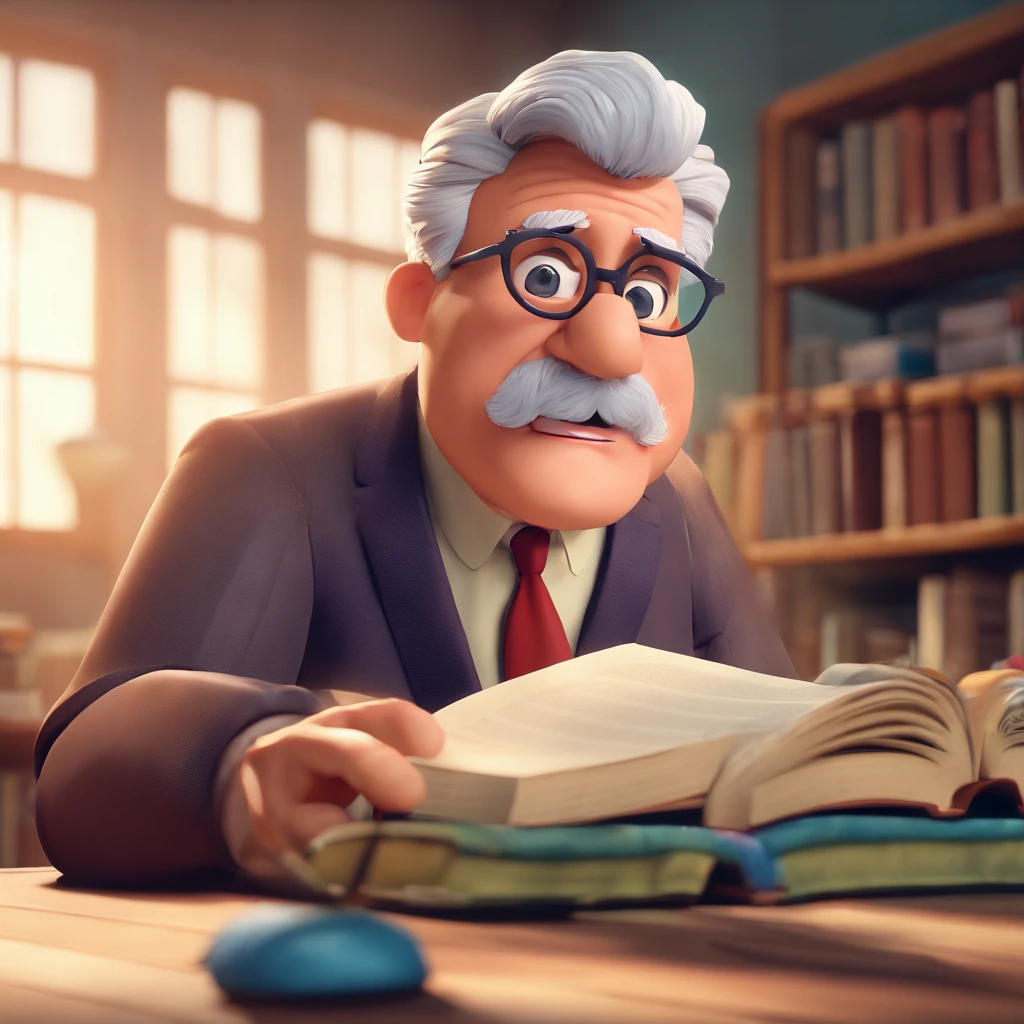 Crie um cartaz inspirado na Disney Pixar com o personagem sendo o pastor Rubens Janier, A gray-haired man wearing glasses, in an office with a Bible on the table