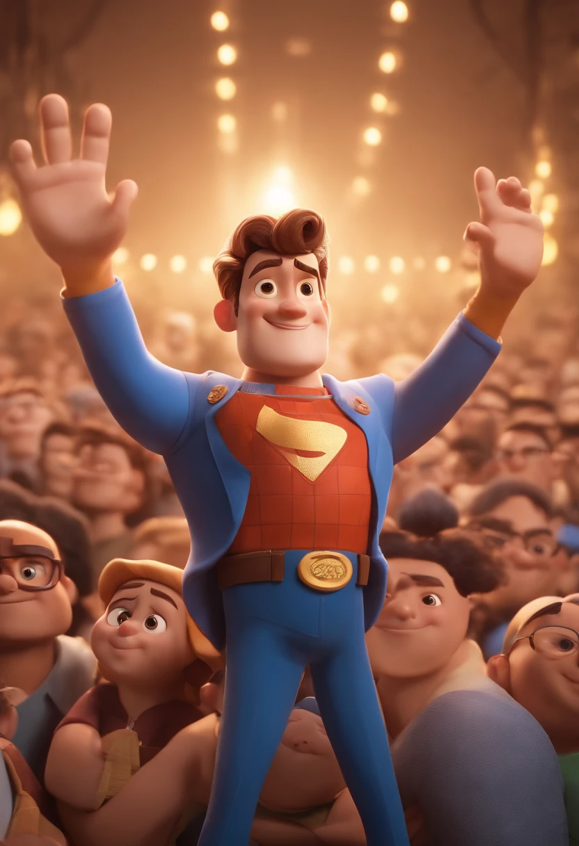 Personagem de desenho animado de um homem de cabelos brancos e camisa azul, animation character, Caractere estilizado, Animation-style rendering, 3D estilizado, render Arnold Maya, render 3d estilizado, toon render keyshot, Personagem 3D, Personagem 3D, 3d rendering stylized, 3D character rendering, personagem de desenho animado, Personagem de close up, Pose de personagem, (Estilo Pixar) (parte mestre:1.2) (Bokeh) (melhor qualidade) (pele detalhada) (textura detalhada) (8k) (argila) (cinematic lighthing) (Araffes focus sharp in a large room with a crowd of people, muitas pessoas adorando, large crowd, audience in the background, in a large hall, room is full of people, pessoas apreciando o show, grand hall, grand hall, enthusiastic crowd, crowds of people praying, huge crowd, vista completa da sala, muitas pessoas, massive crowd, large crowd