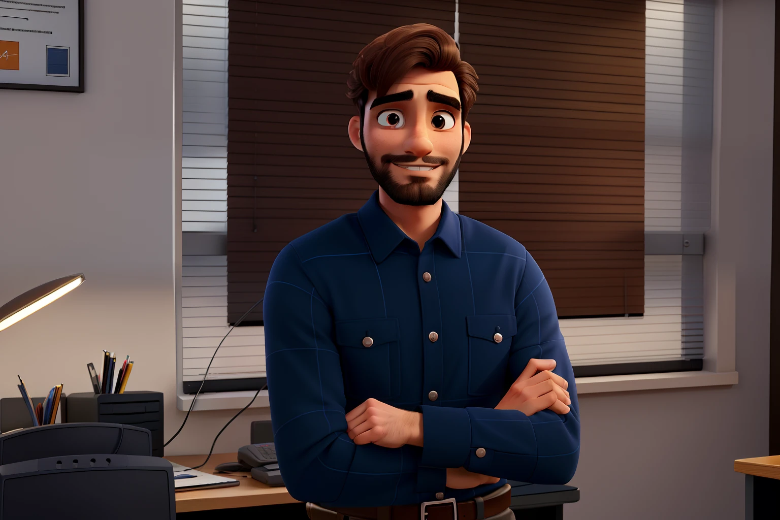 Man in front of an office desk, homem com barba, cabelo curto, He is a mechanical engineer with computer science and lighting. Na parede uma moldura com um diploma.