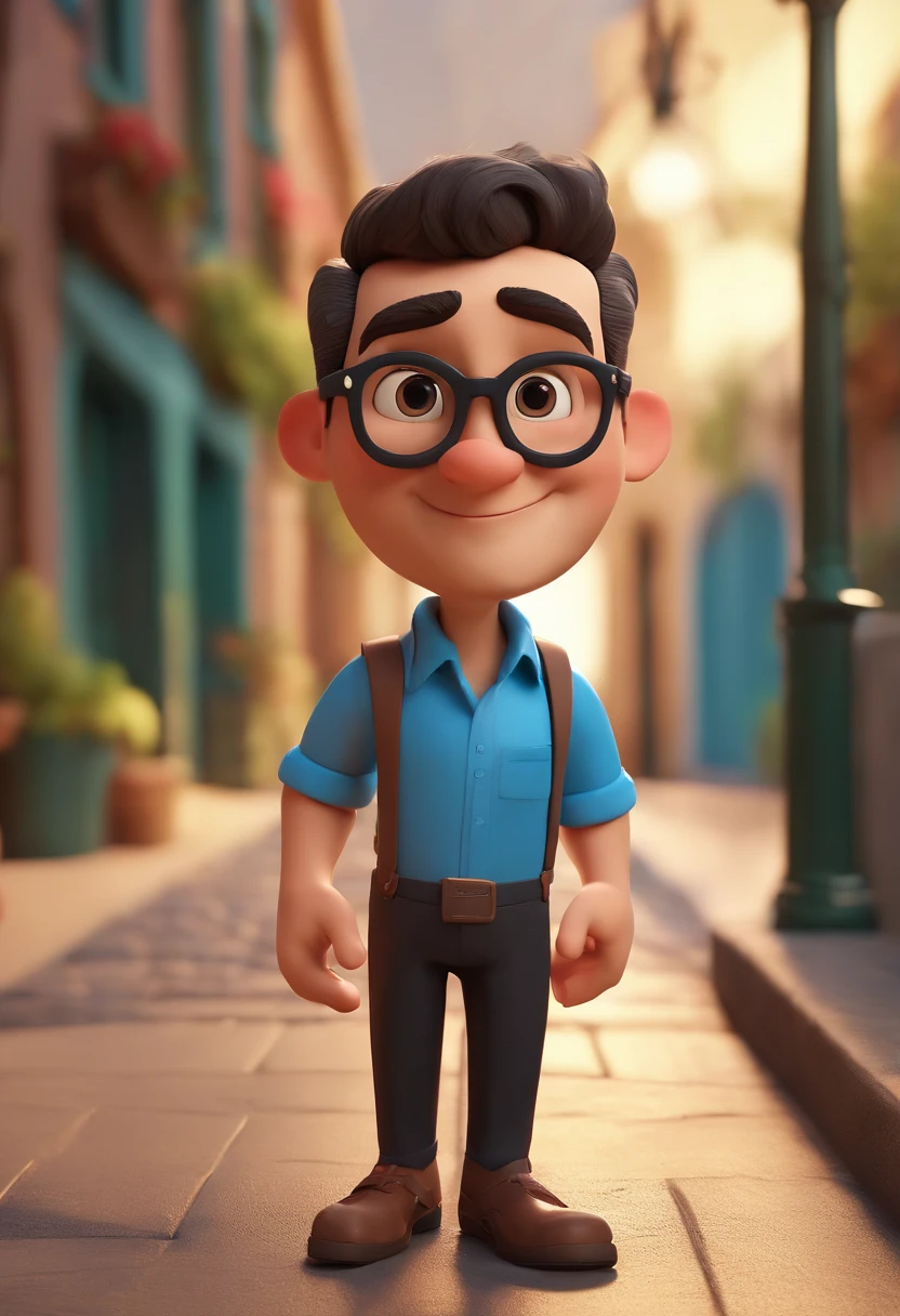 Cartoon character of a man wearing black glasses and a blue shirt, um personagem animado, Caractere estilizado, animation style rendering, 3D estilizado, Arnold Maya render, 3 d render stylized, toon render keyshot, Personagem 3D, Personagem 3D, 3d rendering stylized, 3 d character render, personagem de desenho animado, Personagem de close up, Pose de personagem, (Estilo Pixar) (master part:1.2) (Bokeh) (best quality) (pele detalhada) (textura detalhada) (8k) (argila) (Cinematic lighting) (foco nítido,Senta e vaza a parte superior do corpo