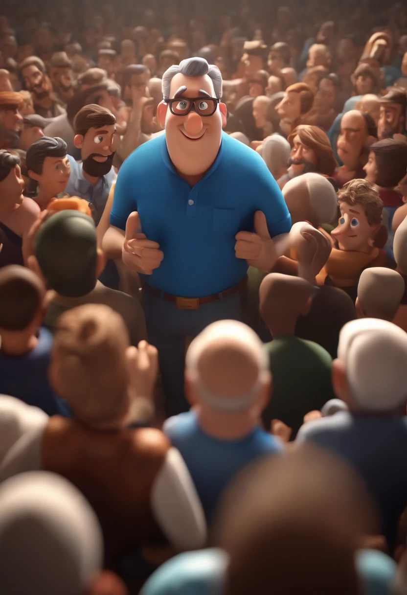 Personagem de desenho animado de um homem de cabelos brancos com 60 anos de idade e camisa azul, animation character, Caractere estilizado, animation-style rendering, 3D estilizado, render 3D estilizado, toon render keyshot, Personagem 3D, Personagem 3D, 3d rendering stylized, 3D character rendering, personagem de desenho animado, Personagem de close up, Pose de personagem, (Estilo Pixar) (parte mestre:1.2) (Bokeh) (melhor qualidade) (pele detalhada) (textura detalhada) (8k) (Argília) (cinematic lighthing) (Sharp focusaraffes) In a large room with a crowd of people, muitas pessoas adorando, large crowd, audience in the background, in a large hall, Room is full of people, pessoas apreciando o show, grand hall, grand hall, enthusiastic crowd, Crowds of people praying, Huge crowd, vista completa da sala, muitas pessoas, massive crowd, large crowd |
