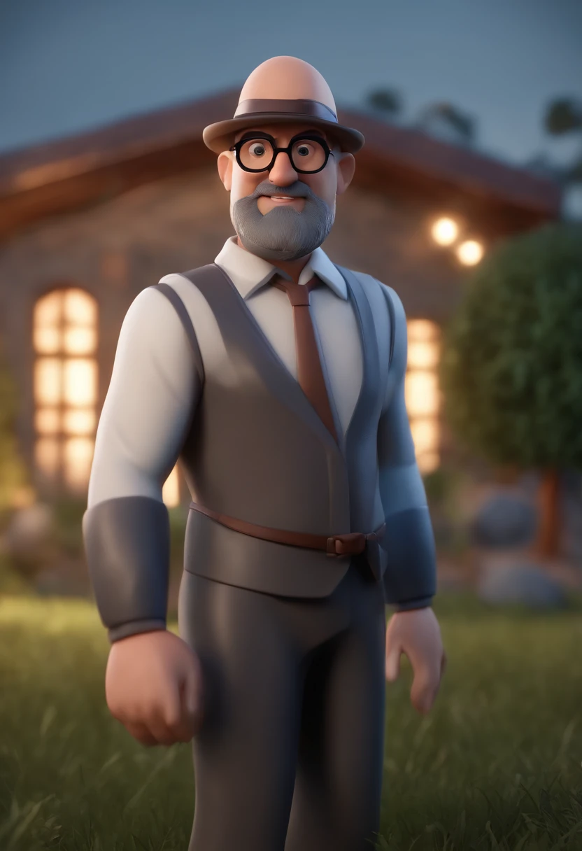 Cartoon character of a bald man with a gray beard with black glasses and a blue shirt, animation character, Caractere estilizado, animation style rendering, 3D estilizado, Arnold Maya render, 3 d render stylized, toon render keyshot, Personagem 3D, Personagem 3D, 3d rendering stylized, 3 d character render, personagem de desenho animado, Personagem de close up, Pose de personagem, (Estilo Pixar) (master part:1.2) (Bokeh) (best quality) (pele detalhada) (textura detalhada) (8k) (argila) (Cinematic lighting) (foco nítido