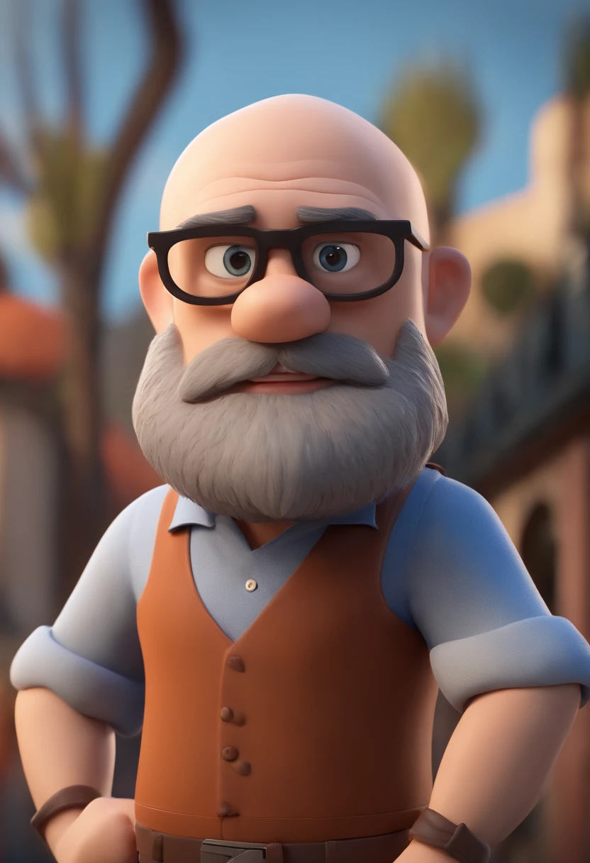 Cartoon character of a bald man with a gray beard with black glasses and a blue shirt, animation character, Caractere estilizado, animation style rendering, 3D estilizado, Arnold Maya render, 3 d render stylized, toon render keyshot, Personagem 3D, Personagem 3D, 3d rendering stylized, 3 d character render, personagem de desenho animado, Personagem de close up, Pose de personagem,  (Estilo Pixar) (master part:1.2) (Bokeh) (best quality) (pele detalhada) (textura detalhada) (8k) (argila) (Cinematic lighting) (foco nítido