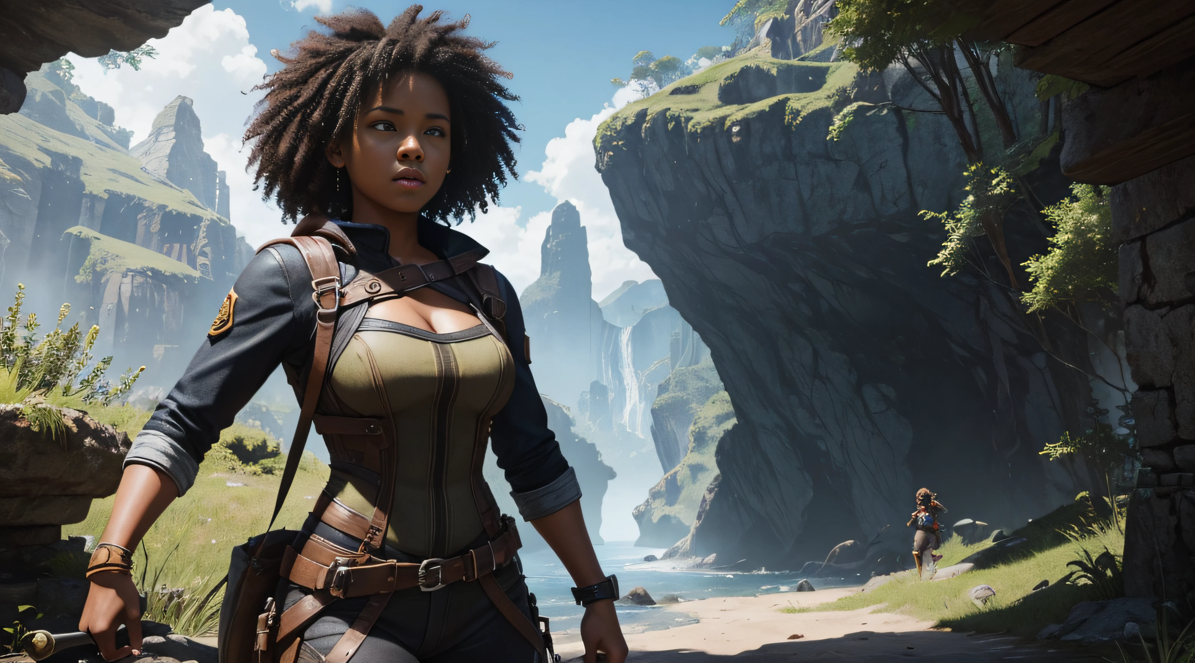 An empowered black woman with curly hair emerges as an adventurer in an adventure game scenario. wearing clothes suitable for the challenging journey she is about to face. The game environment is full of elements that suggest challenges and exploration, such as lush landscapes, exciting obstacles and puzzles to be solved. Her presence in the scene reveals a strong and fearless protagonist, ready to explore this world of gamer adventure with courage and skill.