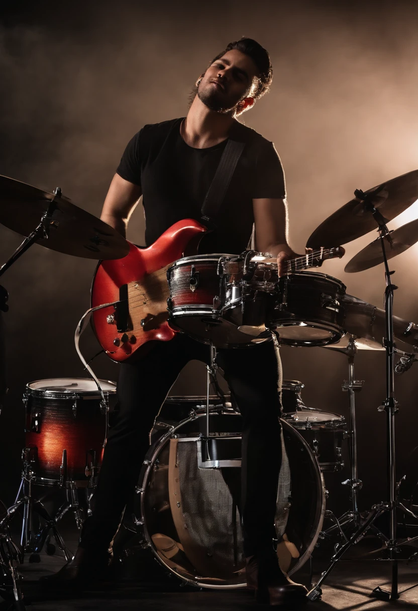 There are four men playing guitar and drums and singing on stage, Banda Eloy, Promo da bandaa, Foto promocional da bandaa, Scooters ( Banda EDM, Bandaa tocando, rock musicians on the stage, Album art, Bandaa tocando instrumentos, banda, barra de fundo, musicians playing instruments, solid background, rocking out, Banda de Rock, badass composition, album cape, Foto de um ensaio promocional
INFO