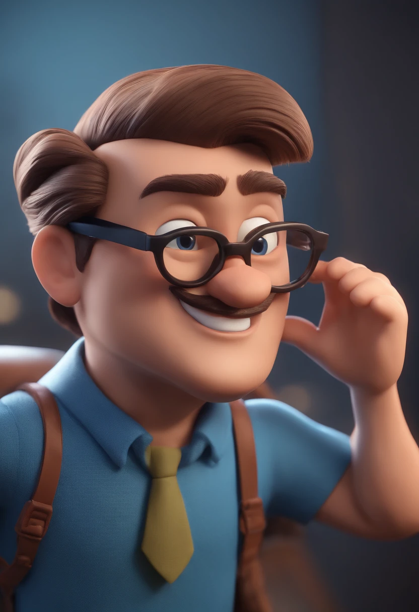 Cartoon character of a man with black glasses and a blue shirt, animation character, Caractere estilizado, animation style rendering, 3D estilizado, Arnold Maya render, 3 d render stylized, toon render keyshot, Personagem 3D, Personagem 3D, 3d rendering stylized, 3 d character render, personagem de desenho animado, Personagem de close up, Pose de personagem, (Estilo Pixar) (master part:1.2) (Bokeh) (best quality) (pele detalhada) (textura detalhada) (8k) (argila) (Cinematic lighting) (foco nítido