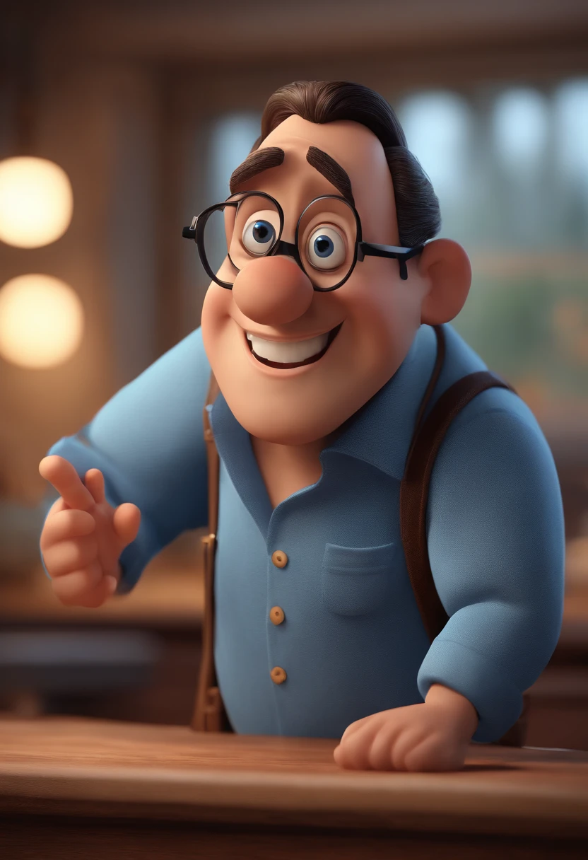 Cartoon character of a man with black glasses and a blue shirt, animation character, Caractere estilizado, animation style rendering, 3D estilizado, Arnold Maya render, 3 d render stylized, toon render keyshot, Personagem 3D, Personagem 3D, 3d rendering stylized, 3 d character render, personagem de desenho animado, Personagem de close up, Pose de personagem, (Estilo Pixar) (master part:1.2) (Bokeh) (best quality) (pele detalhada) (textura detalhada) (8k) (argila) (Cinematic lighting) (foco nítido