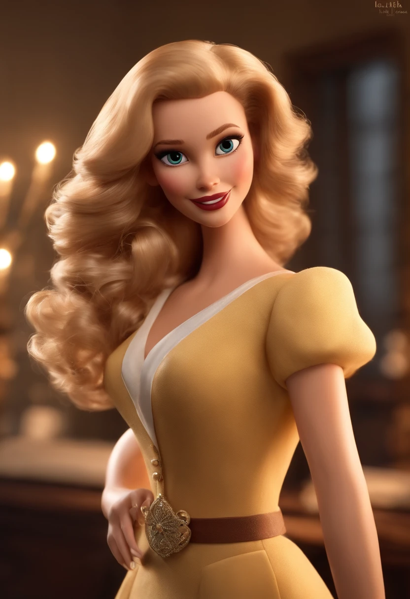 Pixar style image with 3D character, a blond woman and a dress outfit, she is a makeup artist and is well dressed in the background, uma sala com espelho de camarim e maquiagem sobre aparadores. faca os ajustes que julgar necessario para melhor estetica ela tem cabelo dourado longo volume ondas, mulher empoderada, Anos 30, Raquel Ribeiro, inspired by Magalie Villeneuve, imagem profissional, simone graci, imagem profissional, imagem de perfil, imagem de alta qualidade, Alanis Guillen, inspirado em Araceli Gilbert Maquiagem, bonitinho, sorridente ,Close-up, Pixar, Disney, Cinema lighting,