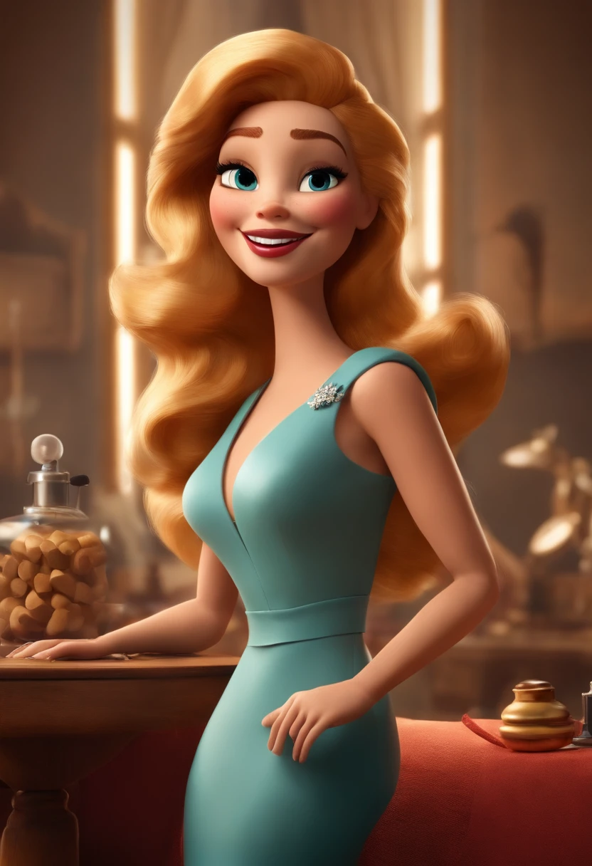 Pixar style image with 3D character, a blond woman and a dress outfit, she is a makeup artist and is well dressed in the background, uma sala com espelho de camarim e maquiagem sobre aparadores. faca os ajustes que julgar necessario para melhor estetica ela tem cabelo dourado longo volume ondas, mulher empoderada, Anos 30, Raquel Ribeiro, inspired by Magalie Villeneuve, imagem profissional, simone graci, imagem profissional, imagem de perfil, imagem de alta qualidade, Alanis Guillen, inspirado em Araceli Gilbert Maquiagem, bonitinho, sorridente ,Close-up, Pixar, Disney, Cinema lighting,