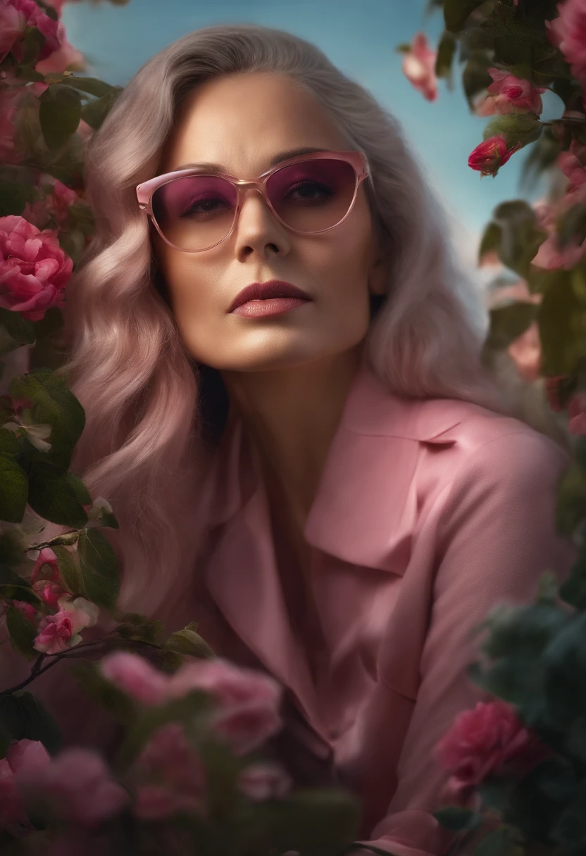 poster 3D inspirado na Pixer, with a 44-year-old woman looking young, cabelos rosados, oculos de grau rosa, de pele branca