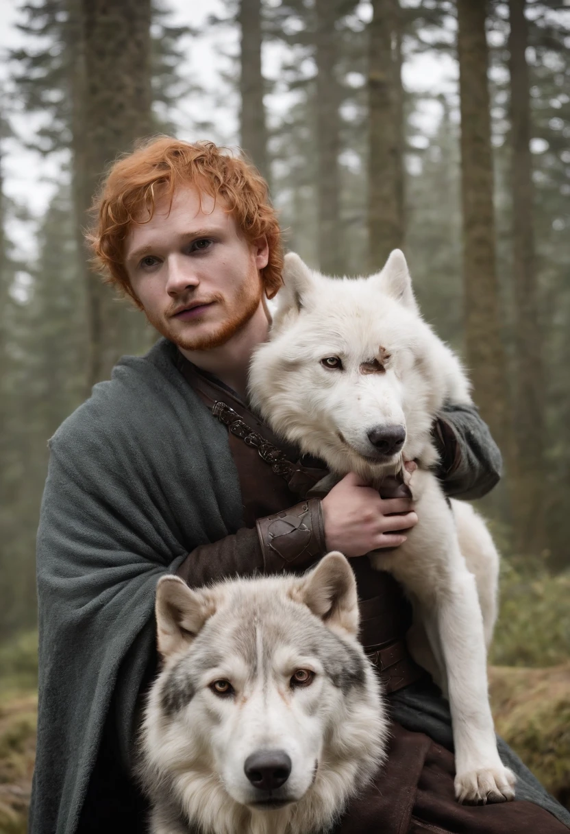 Ed Sheeran as Robb Stark in Game of thrones, with a Withe direwolf by his side, medieval style, ultra realistic