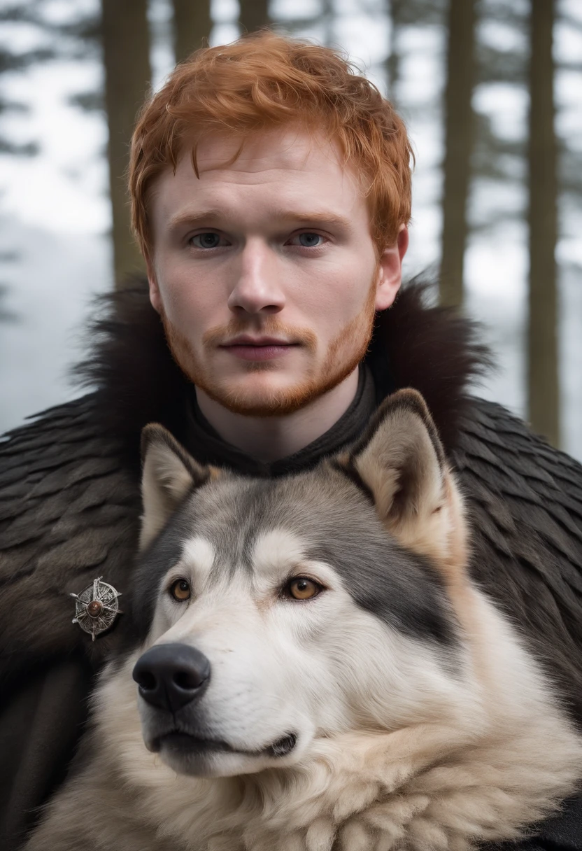 Ed Sheeran as Robb Stark in Game of thrones, with a Withe direwolf by his side, medieval style, ultra realistic