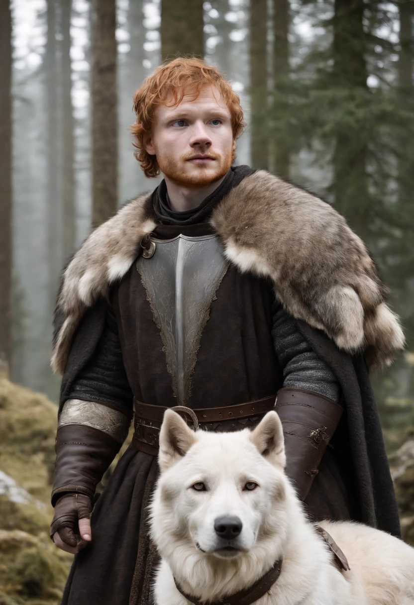 Ed Sheeran as Robb Stark in Game of thrones, with a Withe direwolf by his side, medieval style, ultra realistic