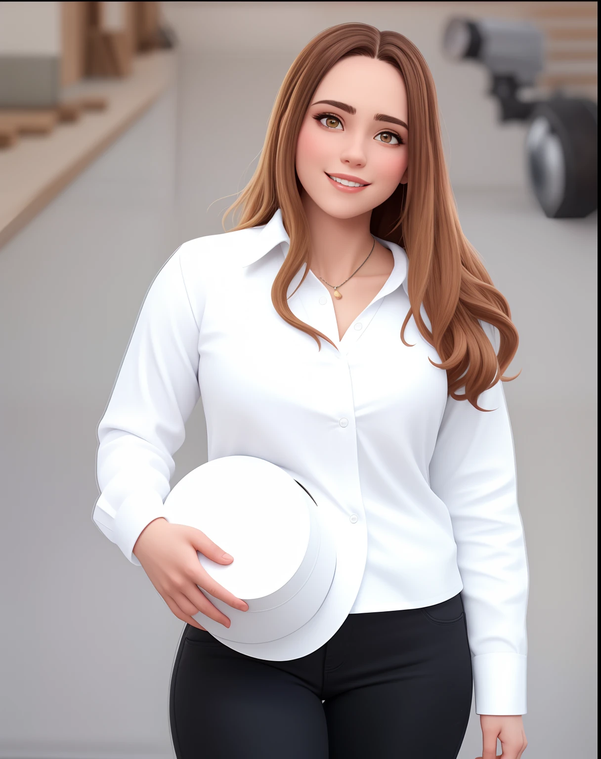 Uma mulher de 29 anos, com longos cabelos castanhos, Rosto redondo, sorriso encantador, e olhos castanhos, Construction of a building with studio lighting, engenheira civil vestindo roupa preta, Black blouse and black jeans
