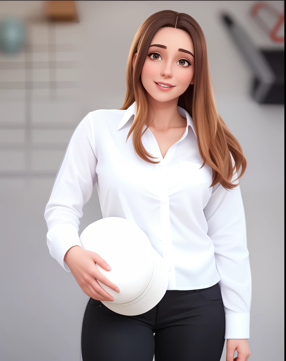 Uma mulher de 29 anos, com longos cabelos castanhos, Rosto redondo, sorriso encantador, e olhos castanhos, Construction of a building with studio lighting, engenheira civil vestindo roupa preta, Black blouse and black jeans
