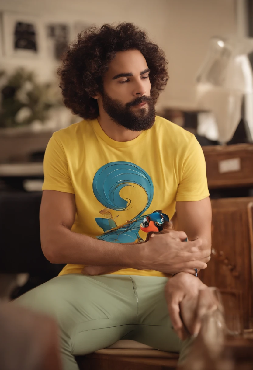um homem, em breve, barba curta, olhos castanhos, com fones de ouvido, A music studio in the background, Imagem no estilo Pixar, Estilo de filme animado 3D, Disney, camiseta preta