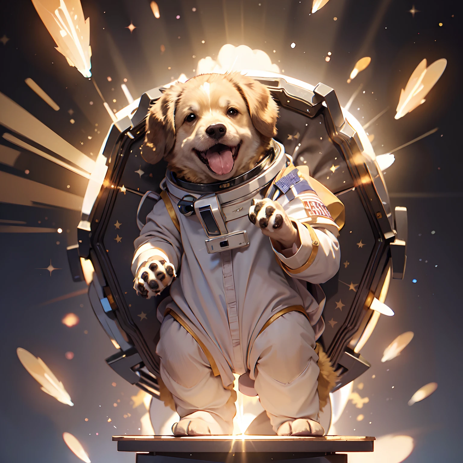 (best quality,8k),(Yellow dog in astronaut suit:1.2),particuls,deitado,galaxy,Particles around the body