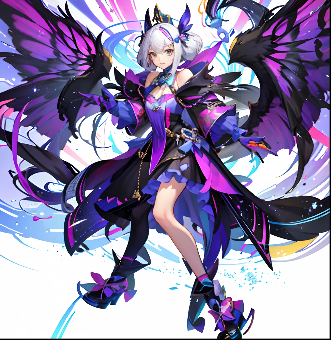 (absurderes、hight resolution、Ultra-detail)、​masterpiece、top-quality、Girl with a scythe、solo、Silver hair、long straight hair and bangs, straight cutted bangs and hairstyle, gray Silver hair, heterochromia eyes, different colored eyes, left eye is purple, right eye is red, long silk haired、red and purple different colored  eyes、 eye and detailed face、((Joggers、sweat pant、sandal))、Sickle design、Complex scythe、Fantasy scythe、evil smile、Dramatic skies、Isolated land、looking-down、spark of light、whirlpool、Um ser celestial、Full of elements
Indigo ,Silver, Silver violet, Silver green clothing palette