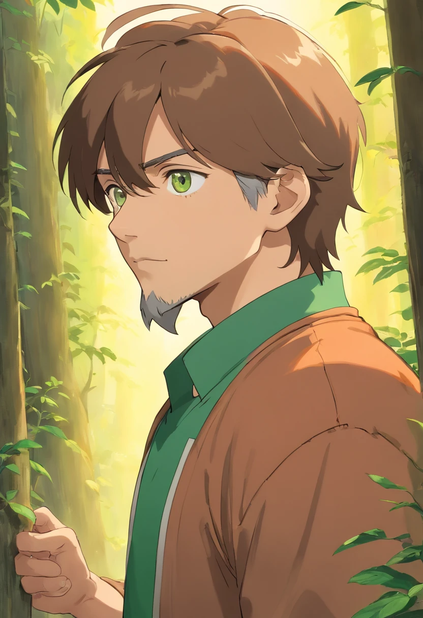 1 homem jovem de olhos verdes, pele branca, long light brown hair straight to the shoulder, COM BIGODE louro escuro, athletic size