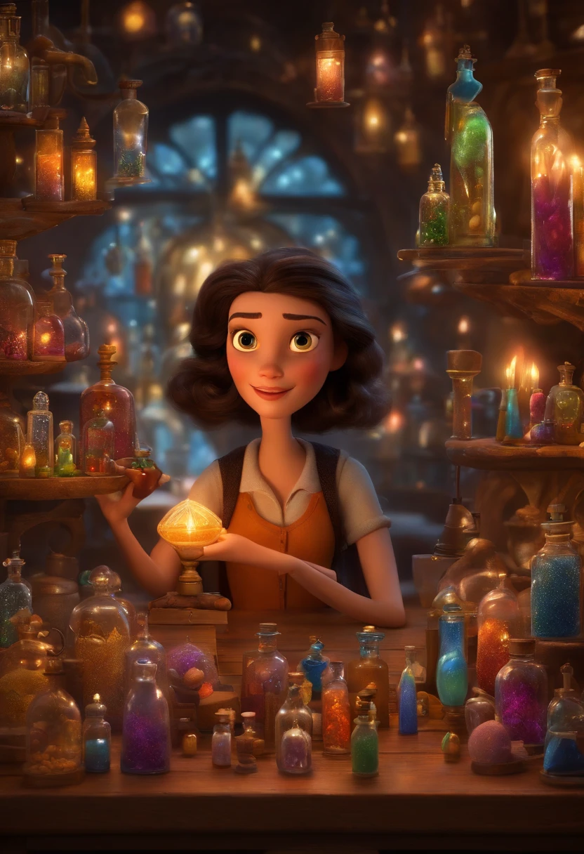 A collector of ideas inspired by Pixar animation, de perto. She is surrounded by a collection of magic vials, each containing a unique idea. The focus is on the character, with a captivating facial expression, Against a backdrop of shimmering, cores efervescentes.