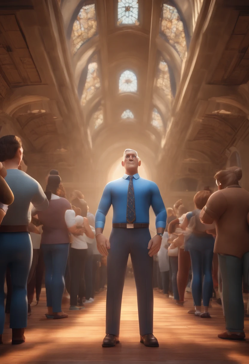 Personagem de desenho animado de um homem de cabelos brancos com 60 anos de idade e camisa azul, com 1,75 de altura, animation character, Caractere estilizado, animation-style rendering, 3D estilizado, render 3D estilizado, toon render keyshot, Personagem 3D, Personagem 3D, 3d rendering stylized, 3D character rendering, personagem de desenho animado, Personagem de close up, Pose de personagem, (Estilo Pixar) (parte mestre:1.2) (Bokeh) (melhor qualidade) (pele detalhada) (textura detalhada) (8k) (Argília) (cinematic lighthing) (Sharp focus araffes in a large room with a crowd of people, muitas pessoas adorando, large crowd, audience in the background, in a large hall, Room is full of people, pessoas apreciando o show, grand hall, grand hall, enthusiastic crowd, Crowds of people praying, Huge crowd, vista completa da sala, muitas pessoas, massive crowd, large crowd |