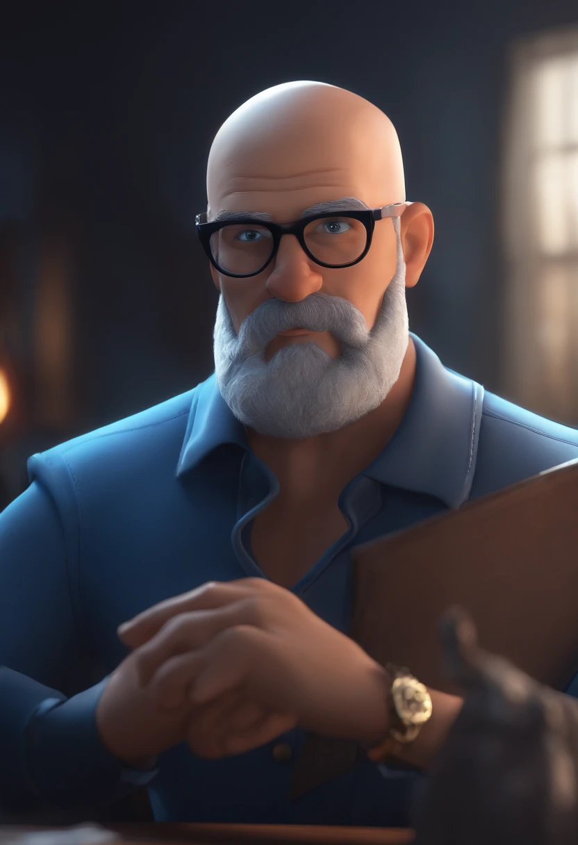 Cartoon character of a bald man with a gray beard with black glasses and a blue shirt, animation character, Caractere estilizado, animation style rendering