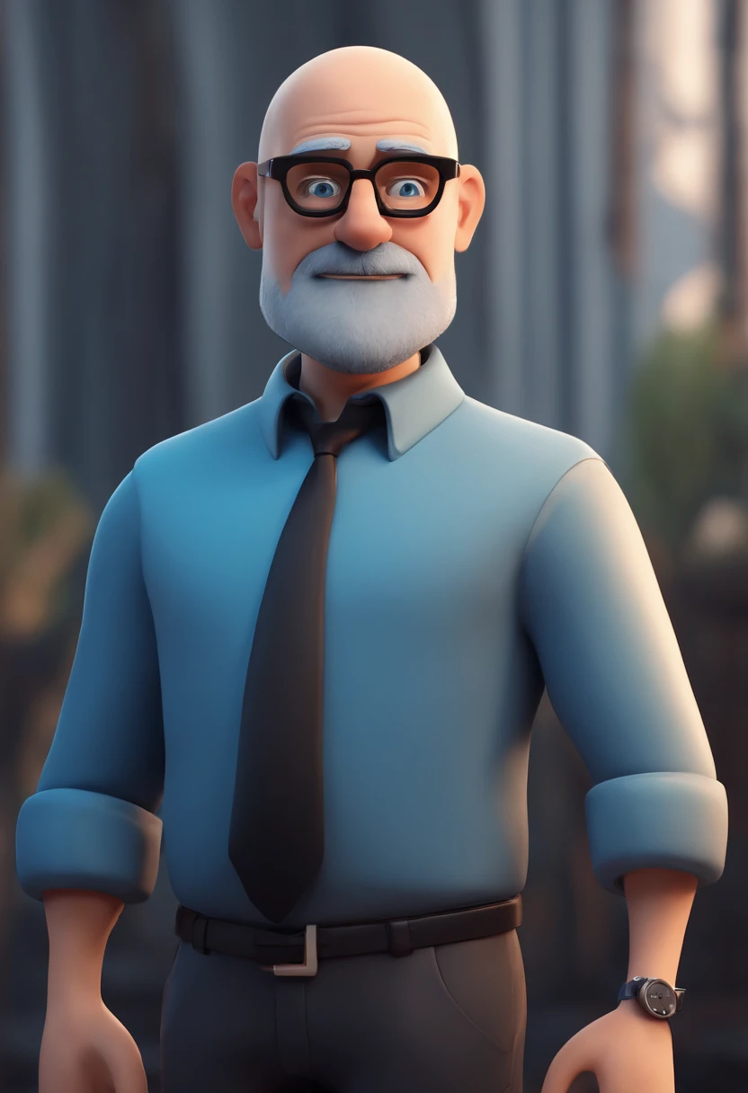 Cartoon character of a bald man with a gray beard with black glasses and a blue shirt, animation character, Caractere estilizado, animation style rendering