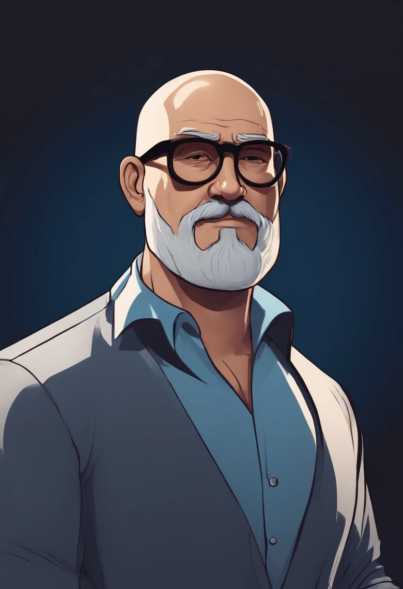 Cartoon character of a bald man with a gray beard with black glasses and a blue shirt, animation character, Caractere estilizado, animation style rendering