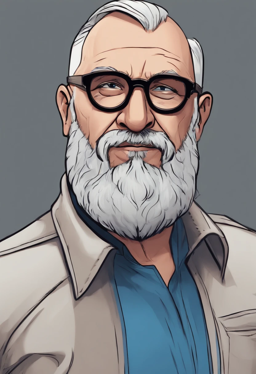 Cartoon character of a bald man with a gray beard with black glasses and a blue shirt, animation character, Caractere estilizado, animation style rendering