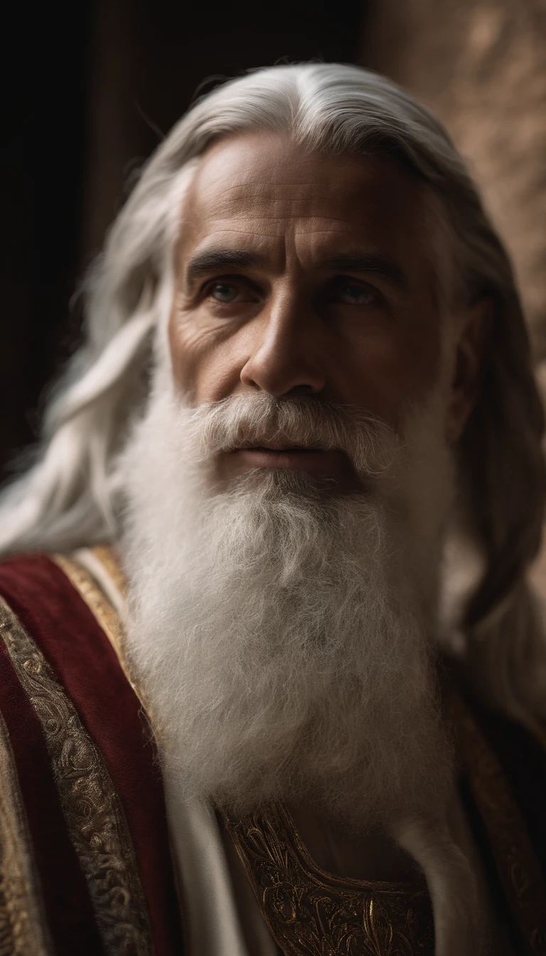 viejo, larga barba blanca, prophet Methuselah, bíblicofotorrealista, 8k, Super detail, preciso, La mejor calidad, arcoiris en el fondo