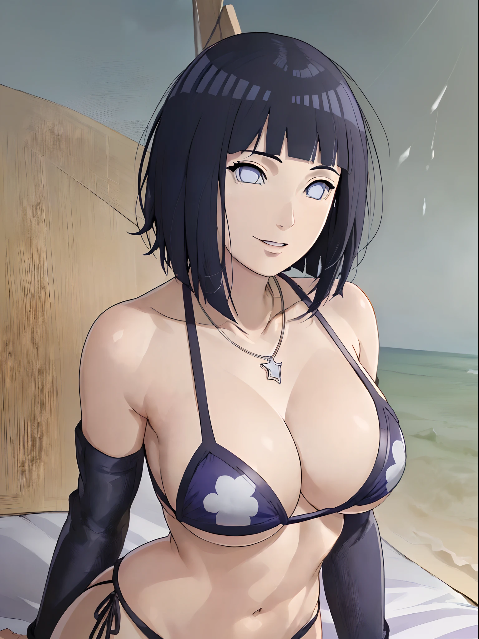 (micro bikini only, necklace, elbow pad)
(little biceps, Thighs, legs, very big breasts, off-shoulders, little biceps, (flat belly, groin, detailed shoulders),
(bare body, bare chest, minimum clothing, bare shoulders, bare hands, bare legs, bare body),
(WALLPAPER, (hinata\(boruto\), masterpiece, 4k, whole body shot, contrast lighting, mature female, milf, (curvy:0.8), solo, anime style, sharp focus, professional artwork, intricate details, detailed beach background, colorful, vibrant colors, vivid colors, digital blending, ultra detailed body, ultra detail hair, ultra detail face, trending on pixiv, very hot colors, sunny day, outdoor, detailed bold arm lines, high color saturation, bold lines, bold drawing lines),
(standing, stretching, open mouth, kind smile, extremely happy),
((dark blue hair color:1.1), ((short hair, hime cut)),
(perfect eyes, white sciera, white eyes, anime eyes)
(white skin, slender body, milf, navel, groin, flat belly, perfect face, perfect thighs),
(micro bikini only, necklace)