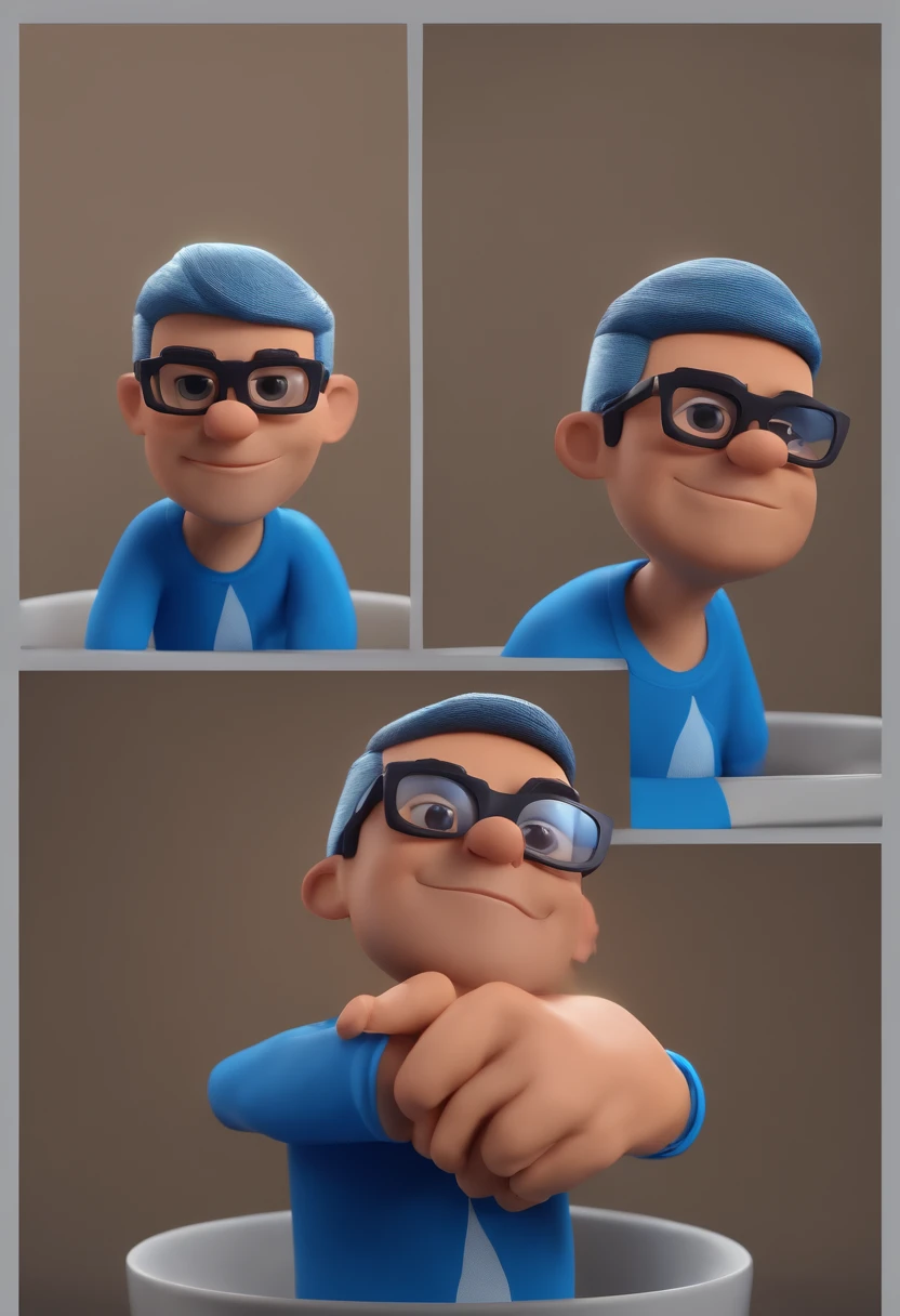 Cartoon character of a man with black glasses and a blue shirt, animation character, Caractere estilizado, animation style rendering, 3D estilizado, Arnold Maya render, 3 d render stylized, toon render keyshot, Personagem 3D, Personagem 3D, 3d rendering stylized, 3 d character render, personagem de desenho animado, Personagem de close up, Pose de personagem,  (Estilo Pixar) (master part:1.2) (Bokeh) (best quality) (pele detalhada) (textura detalhada) (8k) (argila) (Cinematic lighting) (foco nítido