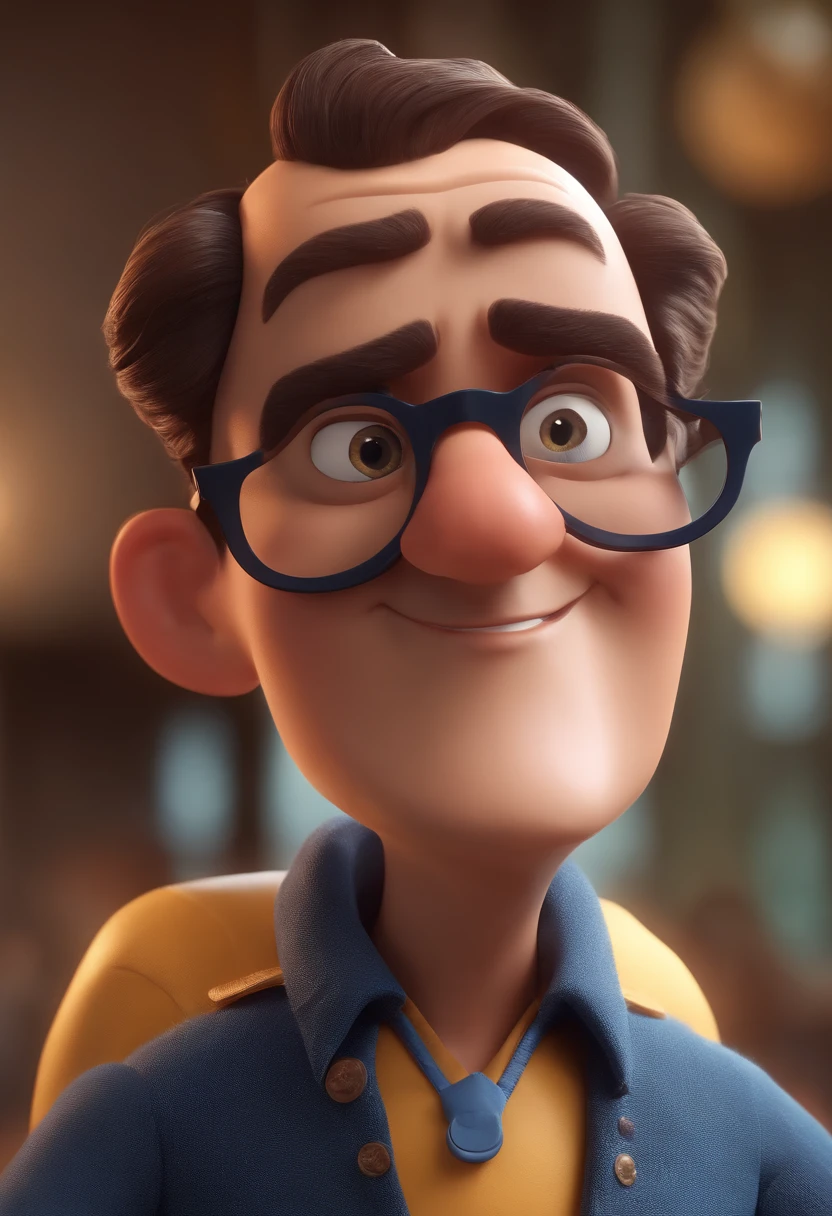 Cartoon character of a man with black glasses and a blue shirt, animation character, Caractere estilizado, animation style rendering, 3D estilizado, Arnold Maya render, 3 d render stylized, toon render keyshot, Personagem 3D, Personagem 3D, 3d rendering stylized, 3 d character render, personagem de desenho animado, Personagem de close up, Pose de personagem,  (Estilo Pixar) (master part:1.2) (Bokeh) (best quality) (pele detalhada) (textura detalhada) (8k) (argila) (Cinematic lighting) (foco nítido