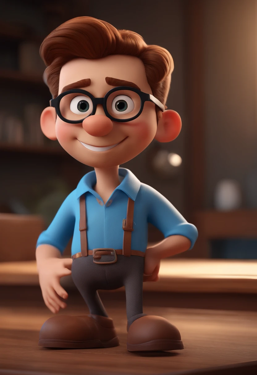 Cartoon character of a man with black glasses and a blue shirt, animation character, Caractere estilizado, animation style rendering, 3D estilizado, Arnold Maya render, 3 d render stylized, toon render keyshot, Personagem 3D, Personagem 3D, 3d rendering stylized, 3 d character render, personagem de desenho animado, Personagem de close up, Pose de personagem,  (Estilo Pixar) (master part:1.2) (Bokeh) (best quality) (pele detalhada) (textura detalhada) (8k) (argila) (Cinematic lighting) (foco nítido