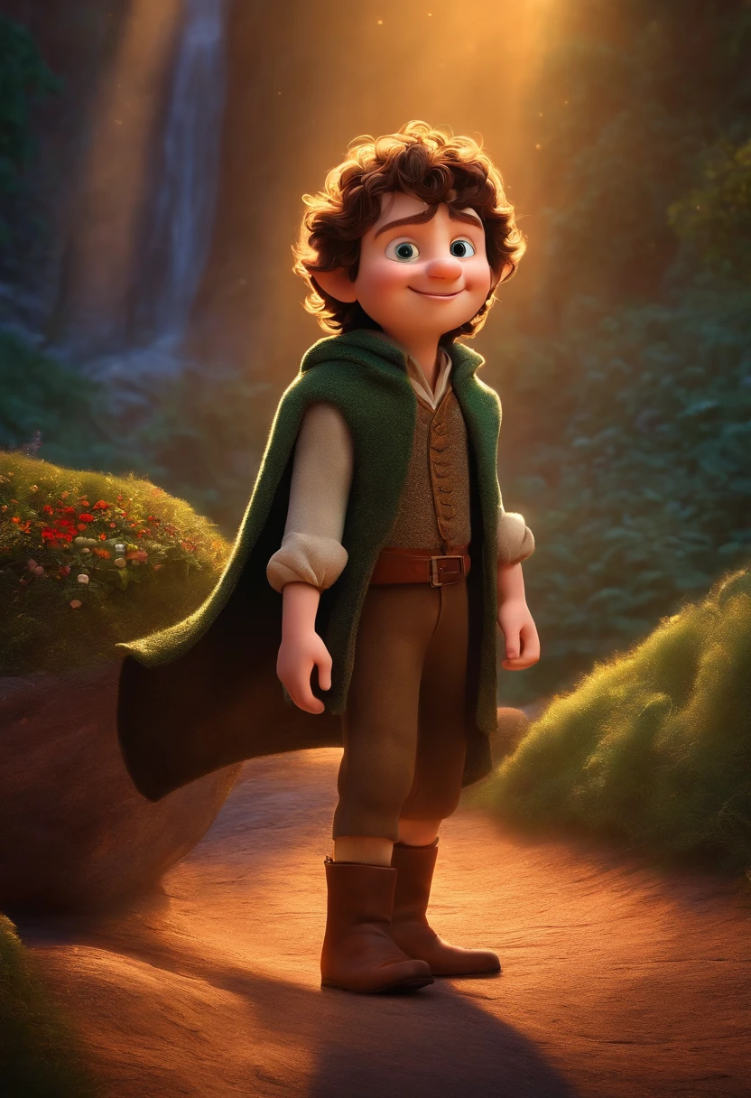 a 3d pixar disney style movie poster with the a happy FRODO