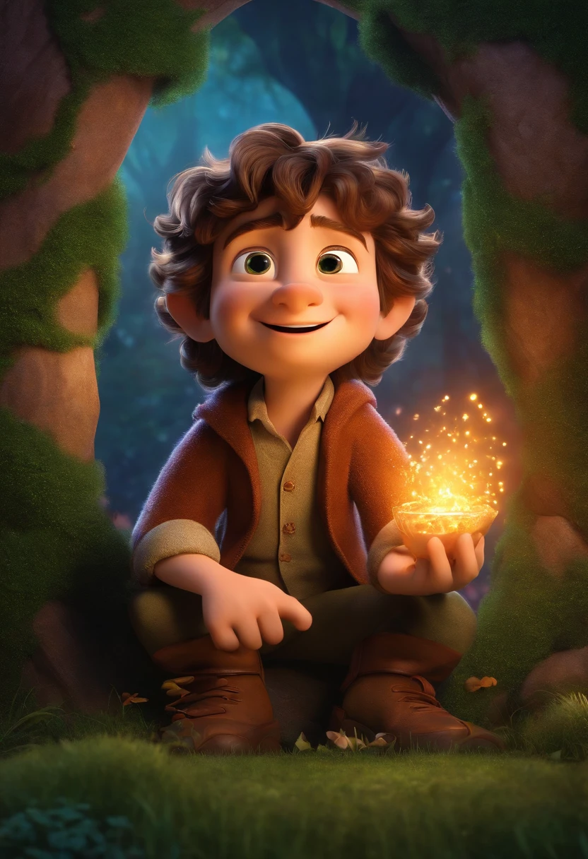 a 3d pixar disney style movie poster with the a happy FRODO