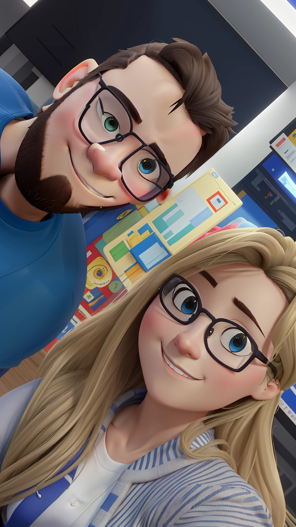 Imagem estilo pixel, alta qualidade, melhor qualidade, casal de oculos, mulher com olhos azuis, homem de oculos com olhos castanhos claros e cabelo preto