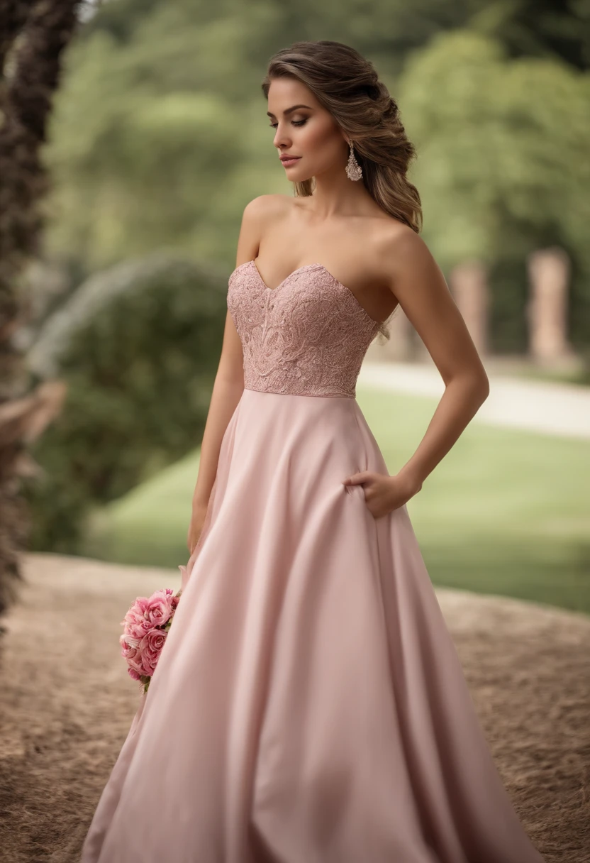 Woman, Serious, guerreiro, armadura, elegante, vestido rosa, aristocratic, elementos prateados, unhas compridas, bareshoulders, penteado, cabelo para cima, braid and ponytail, Messy, arrogante, Absurdo, vestido detalhado, realeza, celebration, hall decorated with flowers, cowboy shot, retrato, (best quality), (master part), (altamente detalhado), (4k)