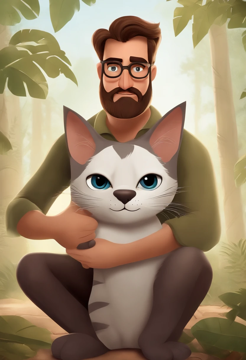 Create a poster inspired by Disney Pixar movies, apresentando um homem com cabelos castanhos escuros, oculos de grau escuros, barba feita, rosto arredondado, junto com o homem um gato cinza e branco. The poster is titled 'Henry" A arte digital deve ser no estilo Pixar, reminiscent of an animated feature.