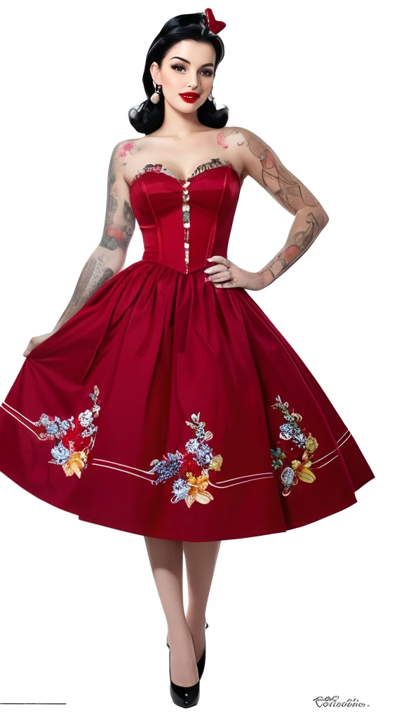 Detailed and realistic depictions of Snow White, irradiando um estilo pin-up distinto. Vestido com minissaias, Meias, e saltos, Their clothes reflect the iconic colors of their traditional clothes, ensuring that they are instantly recognizable as their respective characters. While the classic features are present, The pin-up talent is undeniable. Artistic tattoos give a contemporary touch. Their postures and expressions, combinado com seu traje pin-up, create a fusion of classic Disney and vintage allure.