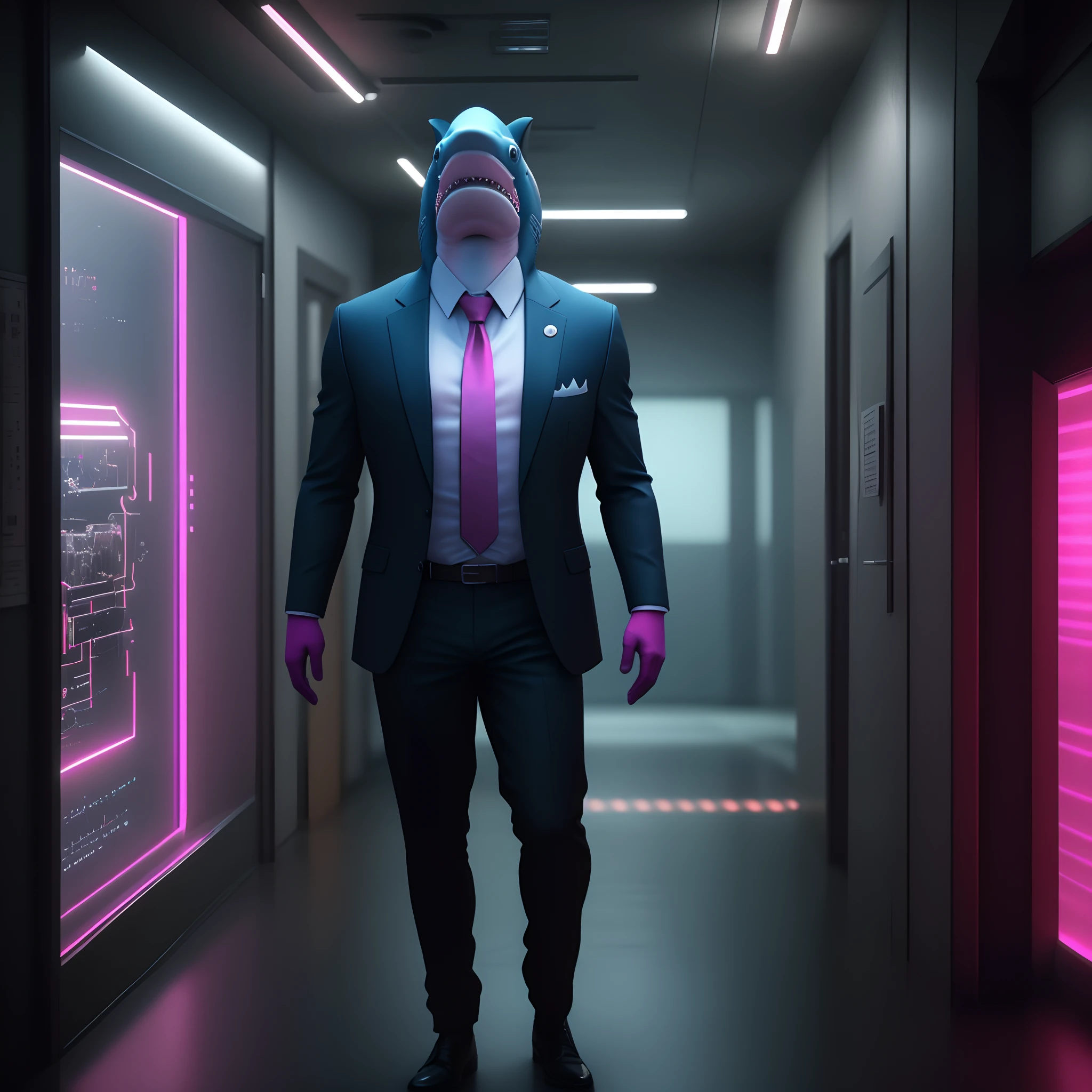 Shark dressed in suit 8k realistic 3D, cyberpunk With magenta, blue and white studio lighting