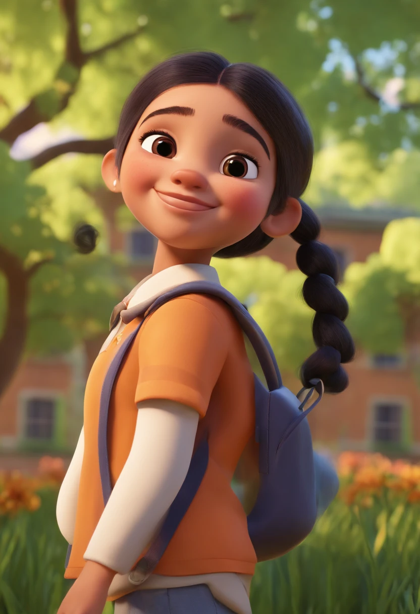 A close-up view of a cute young student in pigtails standing with a smile, Background is full of trees, flor, grasses and the school building and field, dia, Estilo 3D Pixar, alta resolução