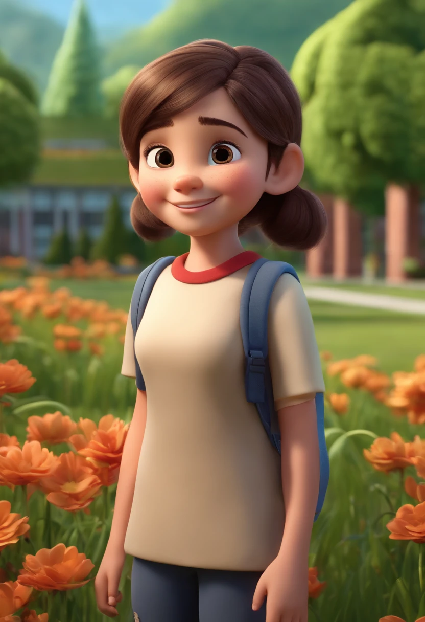 A close-up view of a cute young student in pigtails standing with a smile, Background is full of trees, flor, grasses and the school building and field, dia, Estilo 3D Pixar, alta resolução