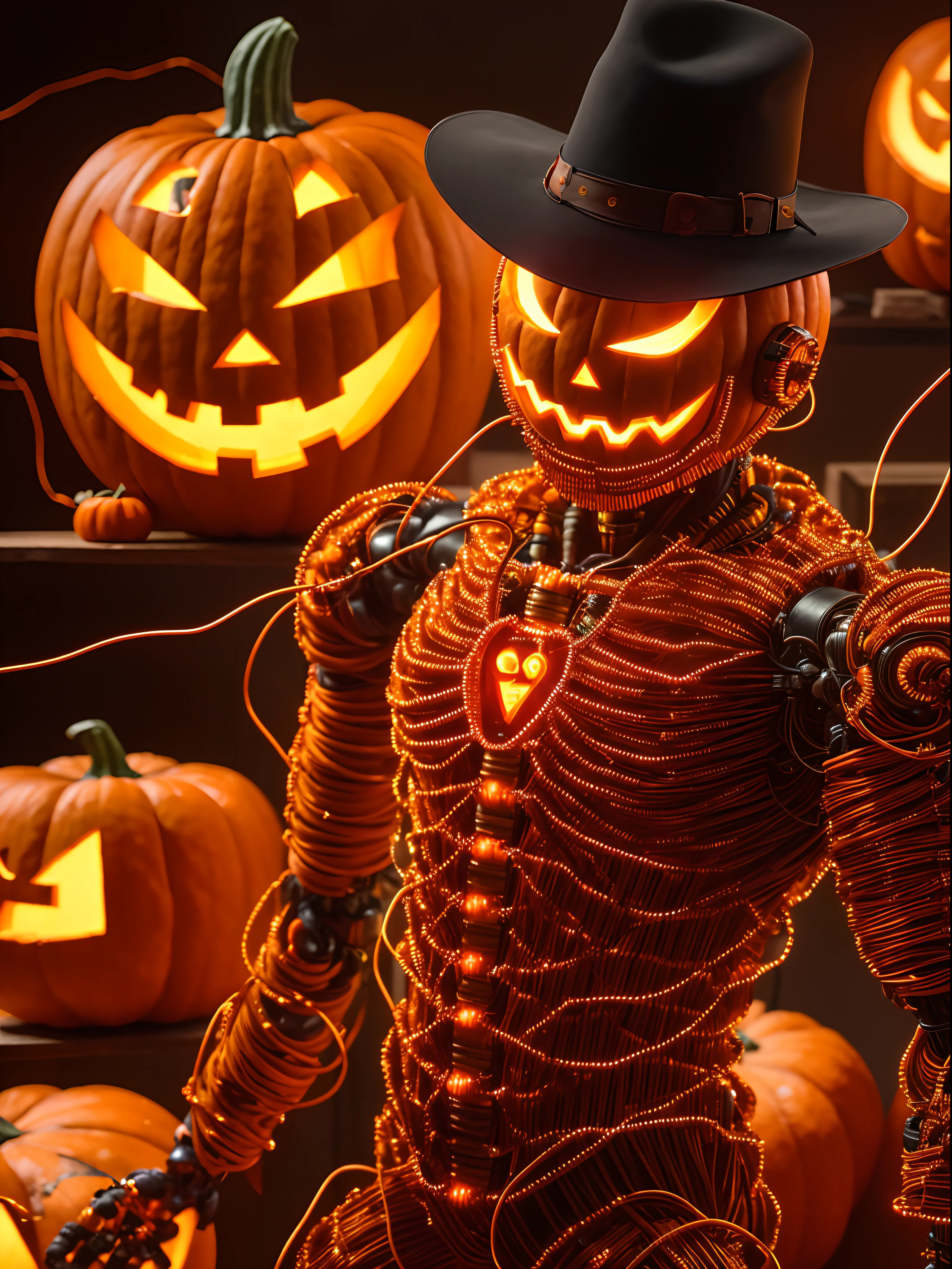 (extremely detailed 8k wallpaper), a medium shot photo of Robotic pumpkin-man, made of wires, very detailed from DC, Halloween theme, Halloween decorations, intricate, high detail, dramatic