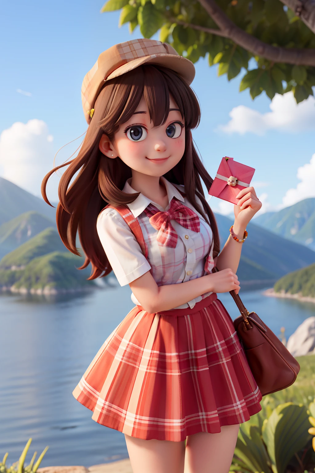 masterpiece, high quality best quality,1girl, bangs, beach, blue_sky, blush, bow, breasts, checkered, checkered_shirt, checkered_skirt, cloud, cloudy_sky, collarbone, day, envelope, giving, grass, hair_bow, heart, holding, holding_letter, horizon, incoming_gift, kazami_yuuka, leaning_forward, lens_flare, letter, light_rays, long_hair, looking_at_viewer, love_letter, mountain, mountainous_horizon, ocean, outdoors, plaid, plaid_background, plaid_bikini, plaid_bow, plaid_bowtie, plaid_bra, plaid_dress, plaid_headwear, plaid_jacket, plaid_legwear, plaid_necktie, plaid_neckwear, plaid_panties, plaid_pants, plaid_ribbon, plaid_scarf, plaid_shirt, plaid_skirt, plaid_vest, pov, shirt, skirt, sky, smile, solo, sun, sunbeam, sunlight, tree, unmoving_pattern